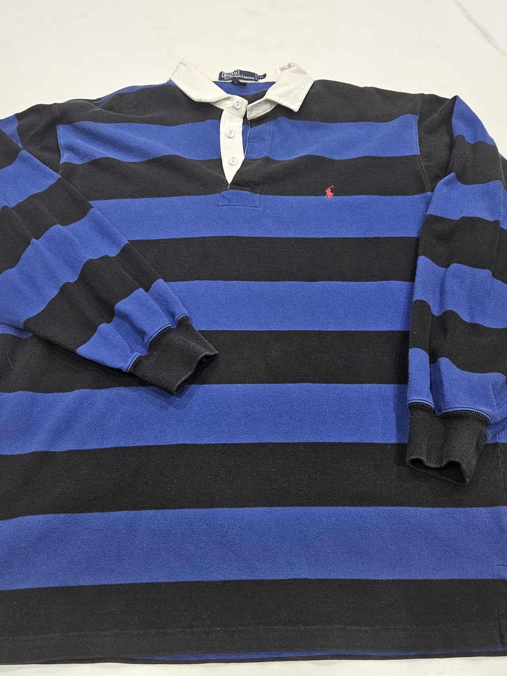 Vintage Polo by Ralph Lauren Royal Blue & Black Striped Rugby Polo with Collar